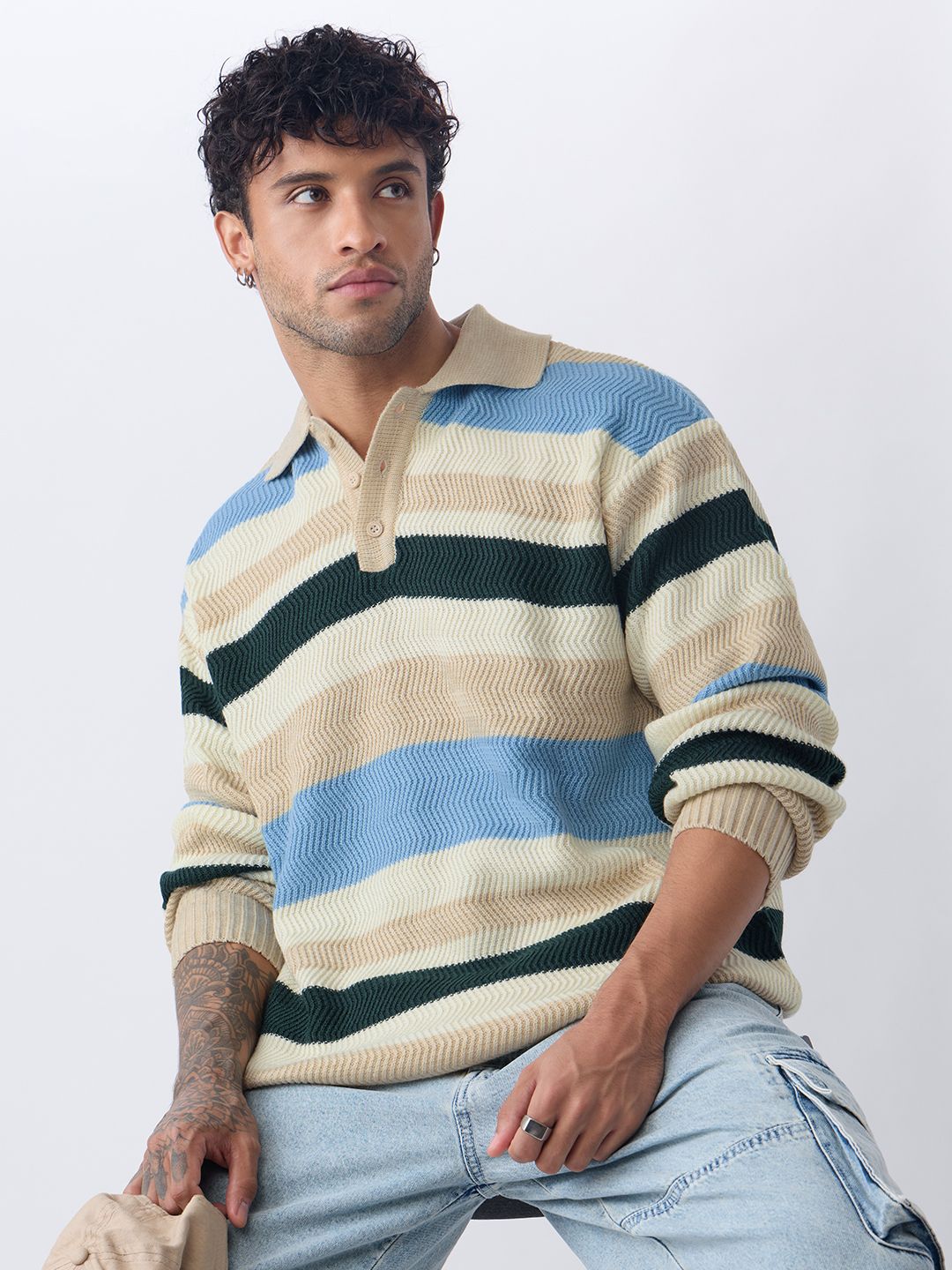 The Souled Store Men Striped Pullover Polo Sweater-picture-28