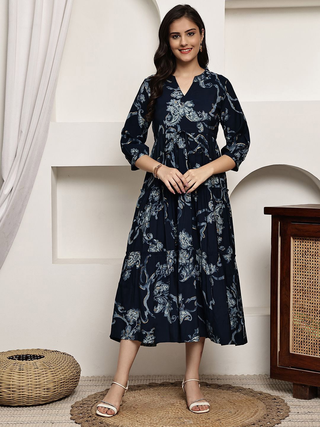 Claura Ethnic Motifs Printed Tiered Fit and Flare Midi Dress