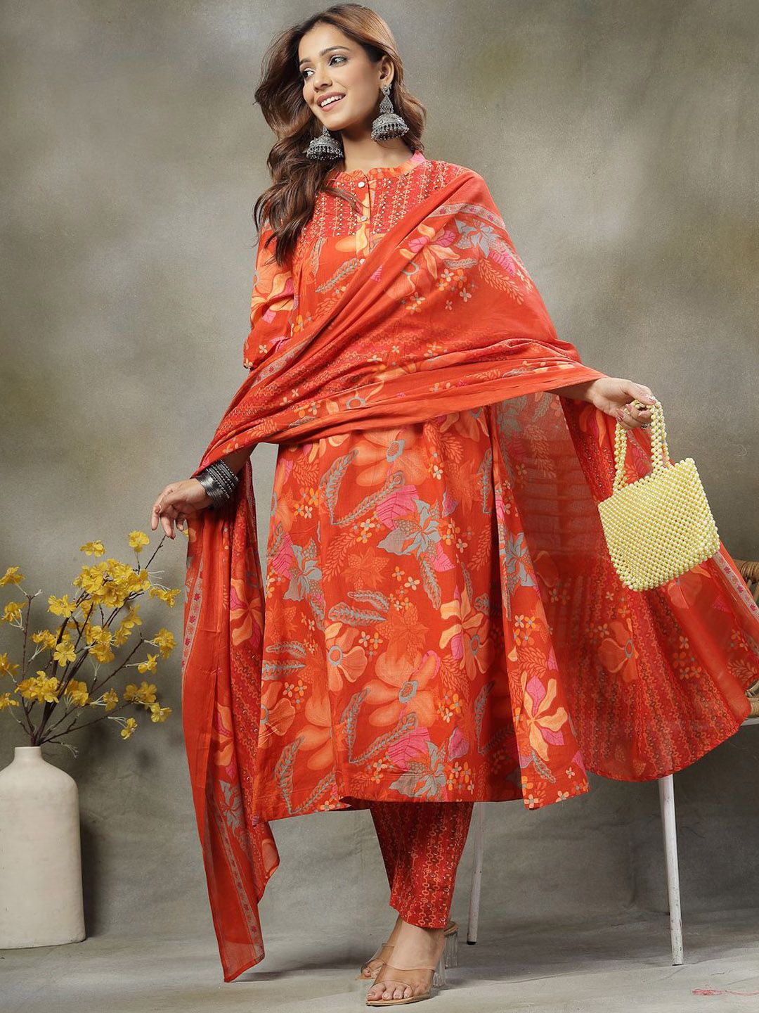 Yufta Women Floral Printed Cotton Kurta with Churidar & Dupatta