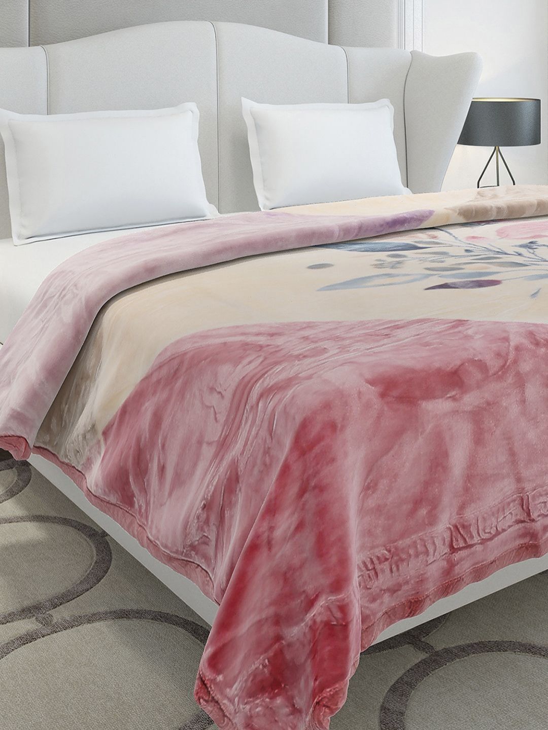 Monte Carlo Vista Plus Beige & Pink Printed Heavy Winter 290 GSM Double Bed Blanket-image-19