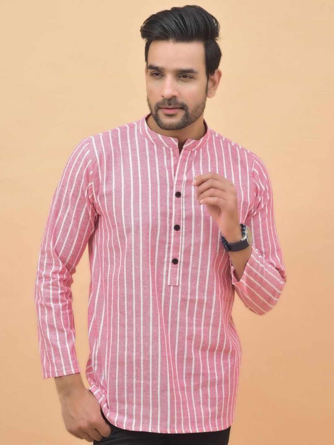 Anouk Rustic Striped Mandarin Collar Pure Cotton Short Kurta-picture-24