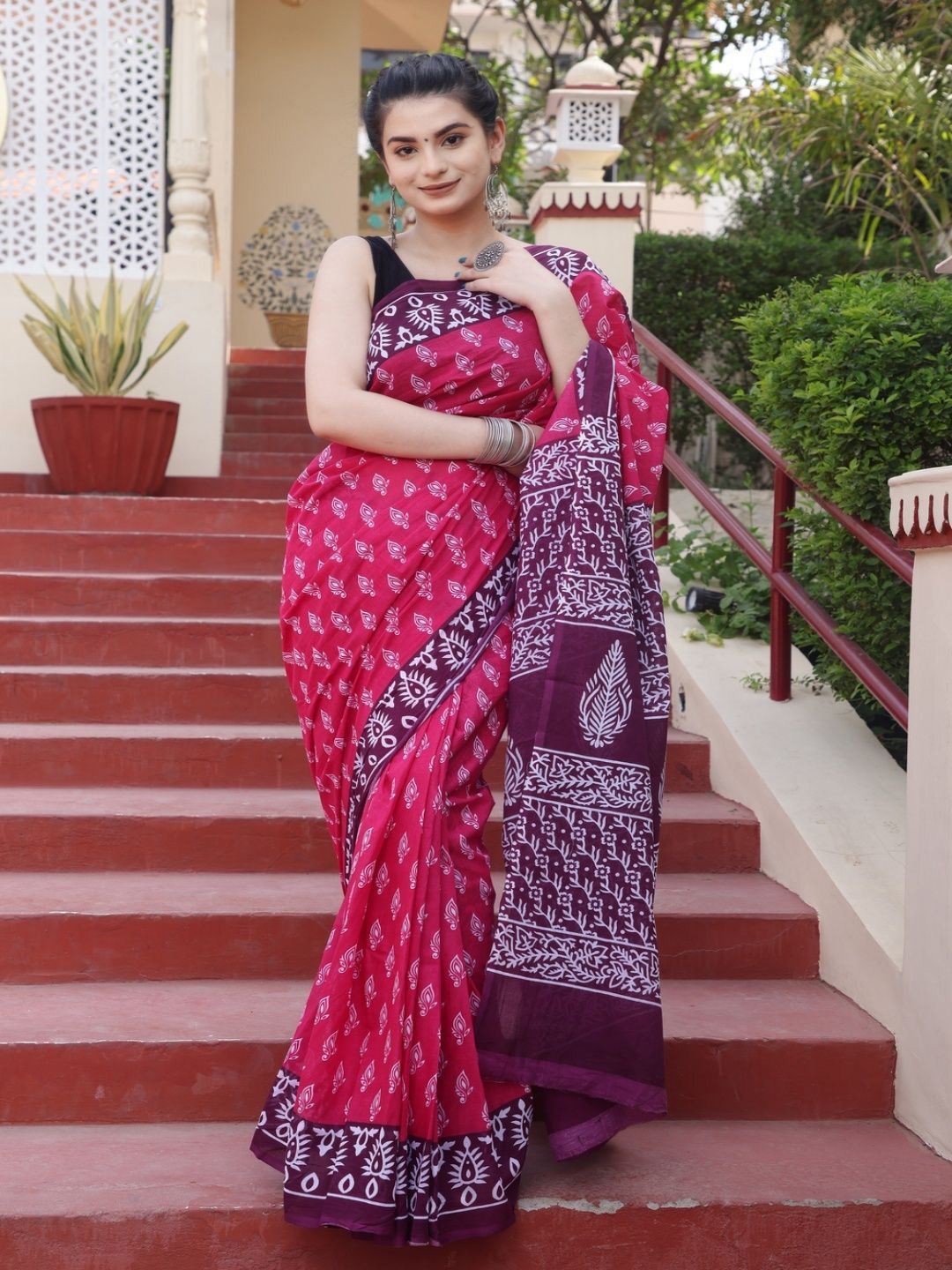 Dastkar Ethnic Motifs Printed Pure Cotton Bagru Saree-image-13