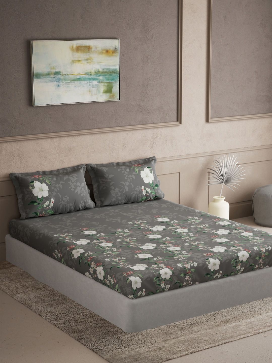 DDecor Grey Floral Printed 180 TC Cotton Double King Bedsheet Set 2.74 m x 2.74 m-image-12
