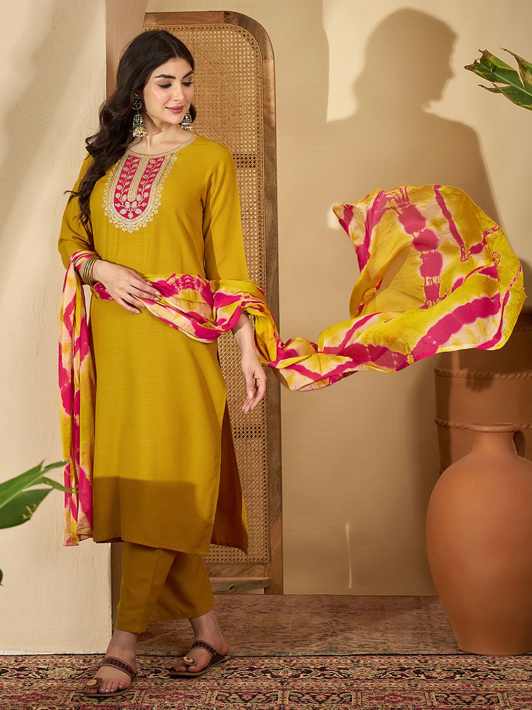 Sangria Embroidered Straight Kurta With Trouser & Dupatta