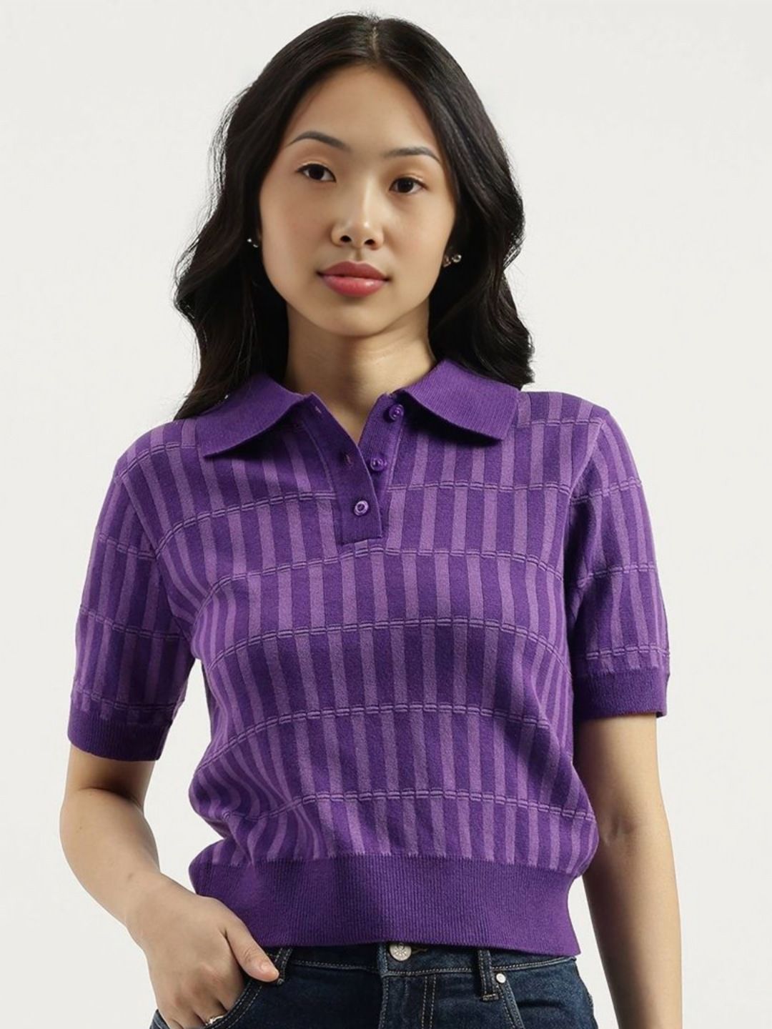 United Colors of Benetton Women Striped Polo Collar Pure Cotton T-shirt-picture-21