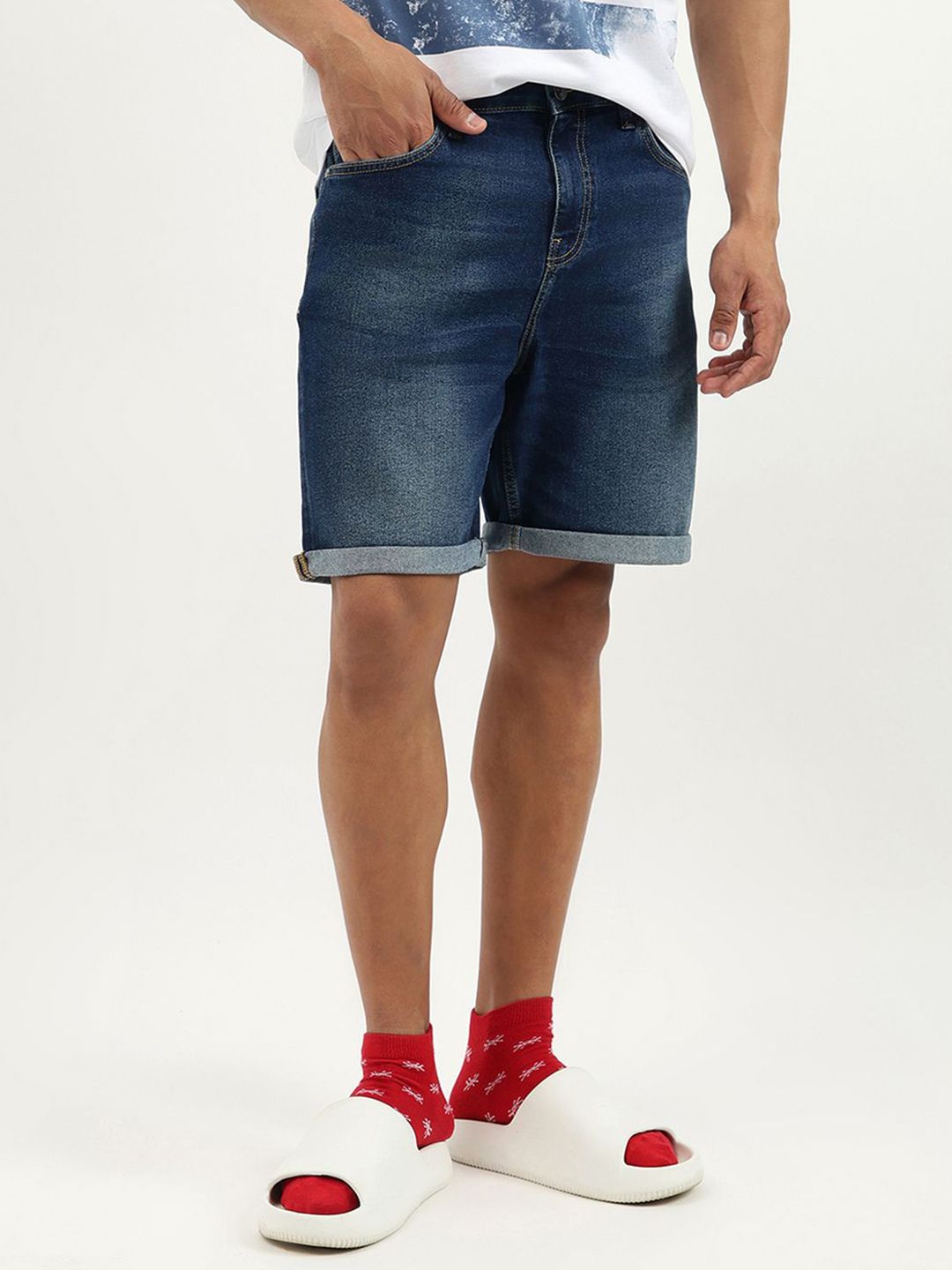 United Colors of Benetton Men Washed Relaxed Fit Mid-Rise Denim Shorts-picture-35