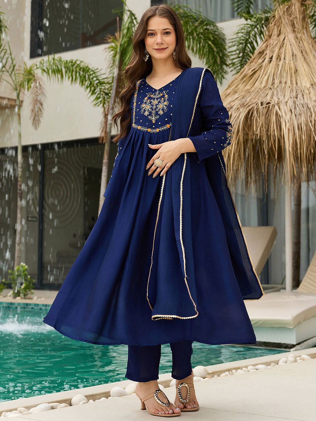 Siya Fashion Women Floral Embroidered V Neck Thread Work Kurta with Trousers & Dupatta