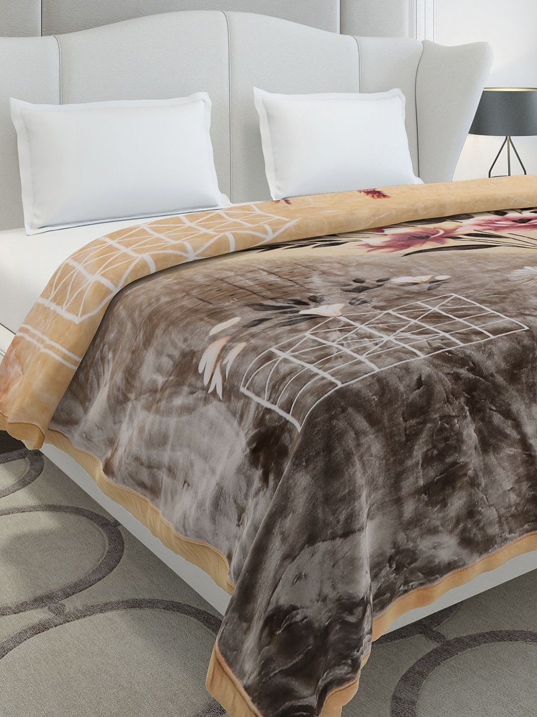 Monte Carlo Peach-Coloured & Brown Heavy Winter Double Bed Blanket 1136 GSM-picture-12