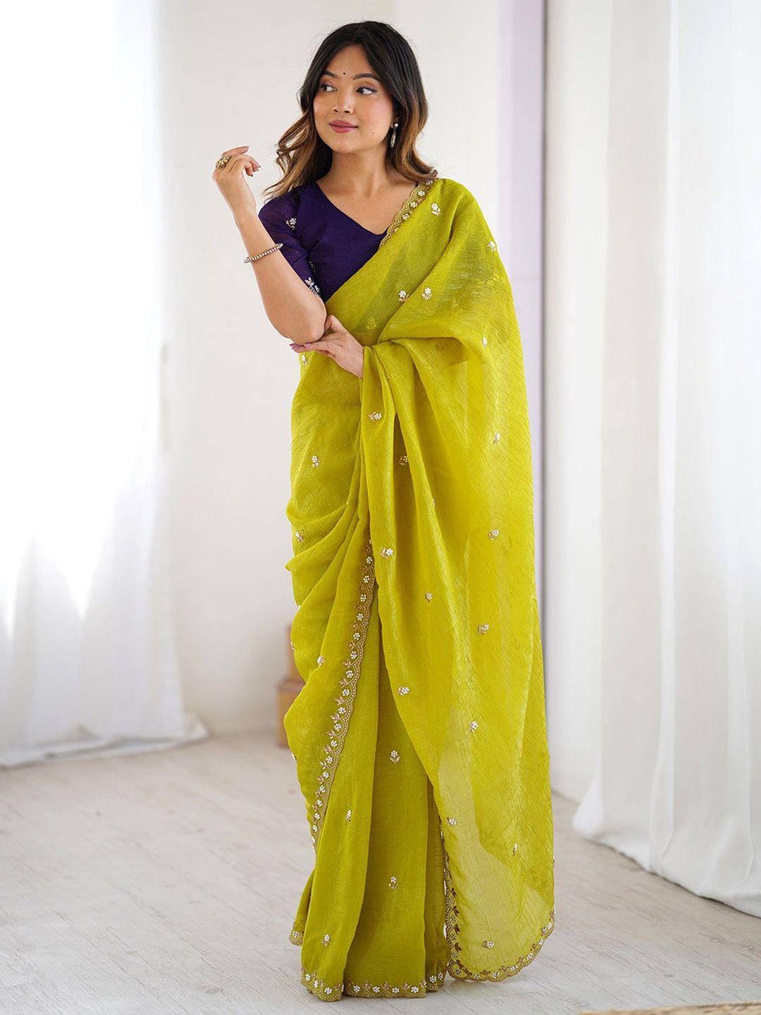 KALINI Embroidered Beads and Stones Saree With Contrast Blouse Piece-picture-24