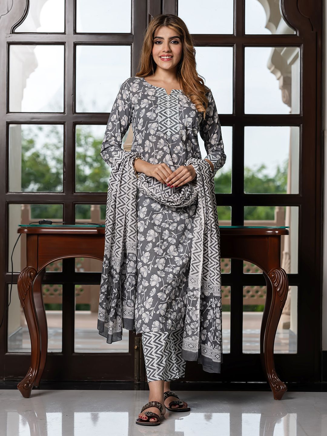 KALINI Floral Printed Notch Neck Sequinned Pure Cotton Kurta With Trousers & Dupatta