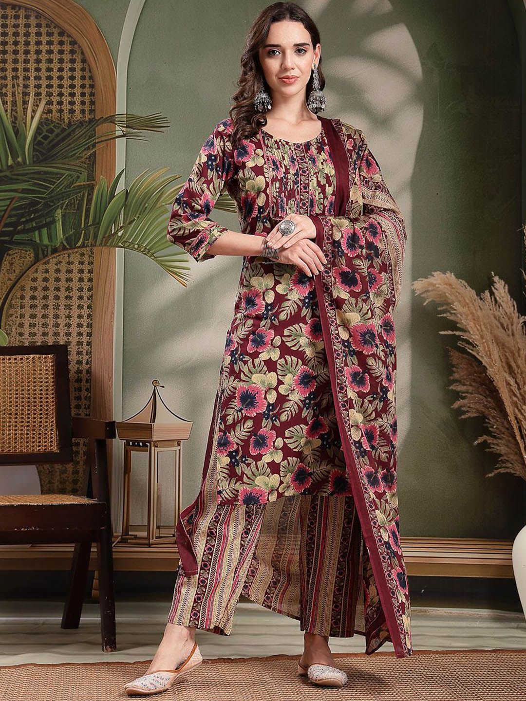 HERE&NOW Women Floral Printed Pure Cotton Kurta with Palazzo & Dupatta