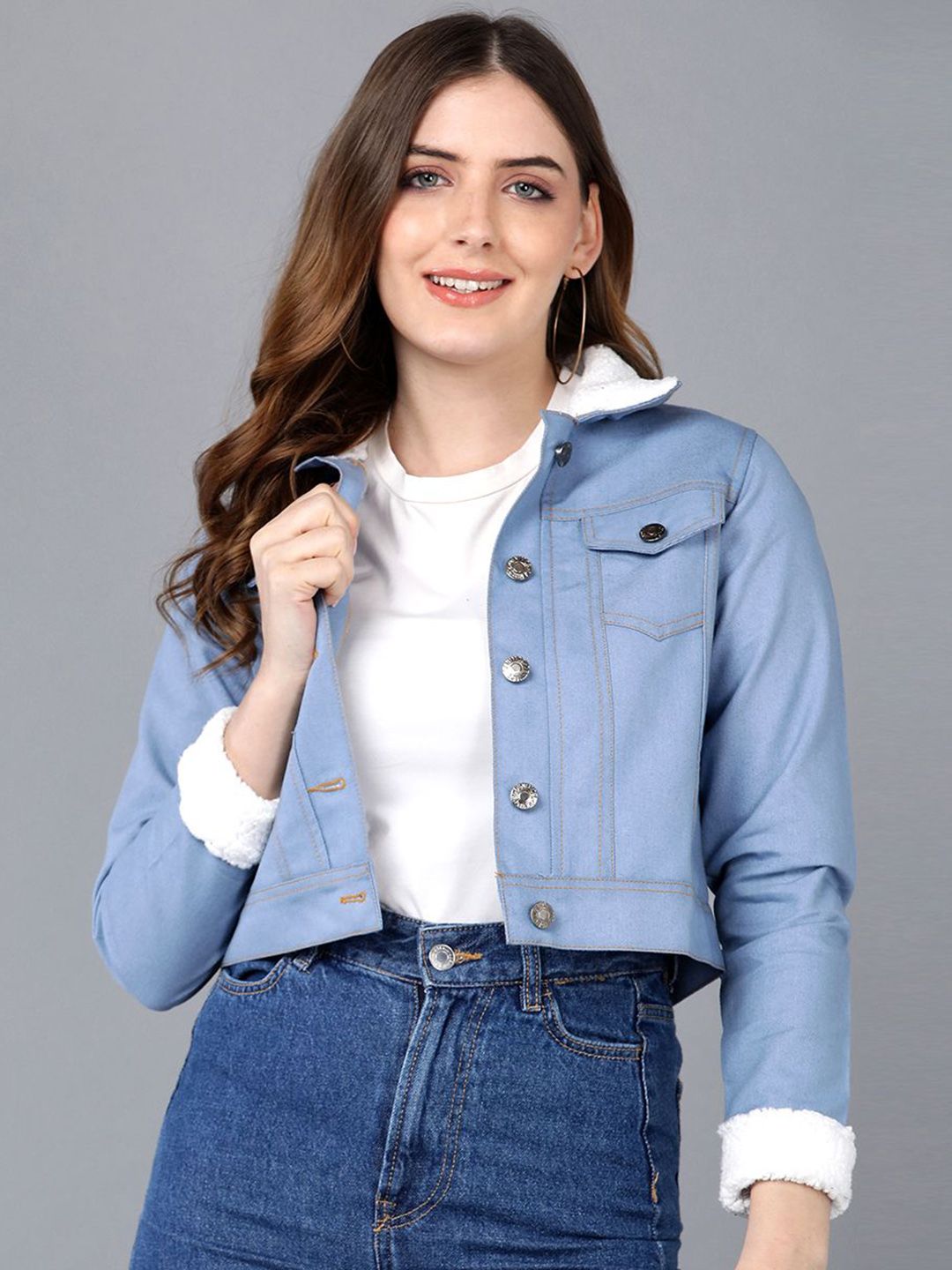 MONTREZ Colourblocked Spread Collar Crop Cotton Denim Jacket-image-48