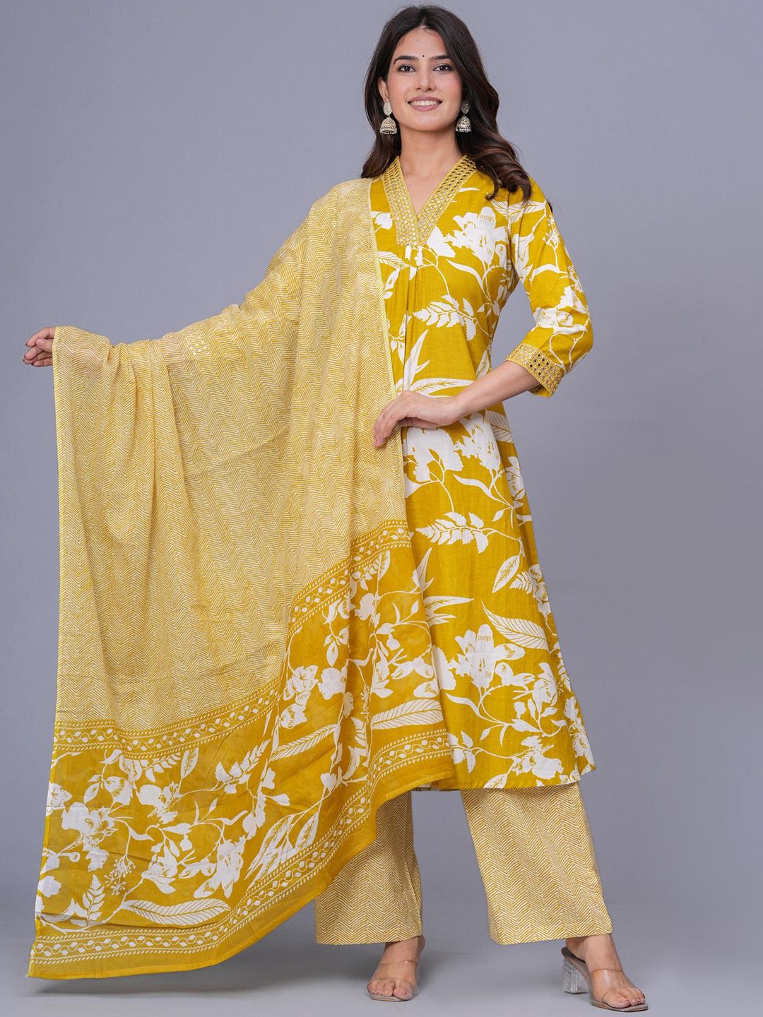 Sanganeri Kurti Women Floral Printed A-Line Kurta with Palazzos & Dupatta