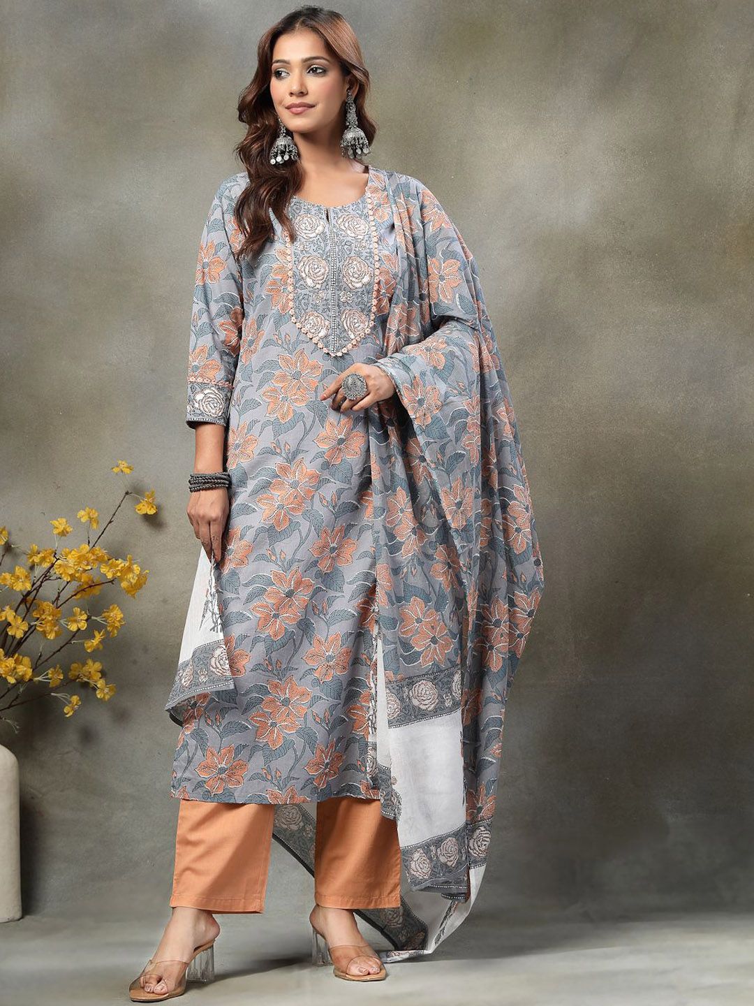 Yufta Floral Printed Kantha Work Pure Cotton Kurta With Trousers & Dupatta