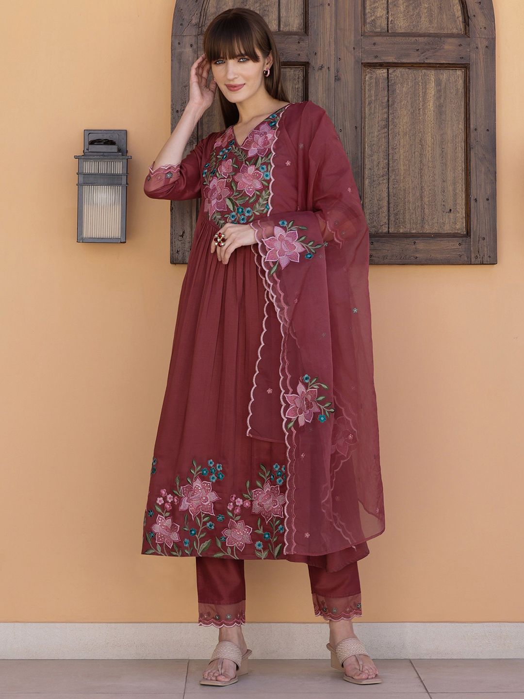 KALINI Floral Yoke Design V-Neck Thread Work Chinon A-Line Kurta & Trousers With Dupatta
