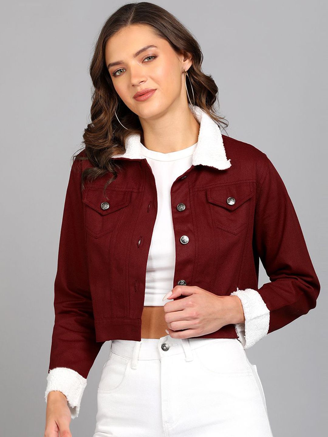 MONTREZ Colourblocked Spread Collar Crop Cotton Denim Jacket-image-47