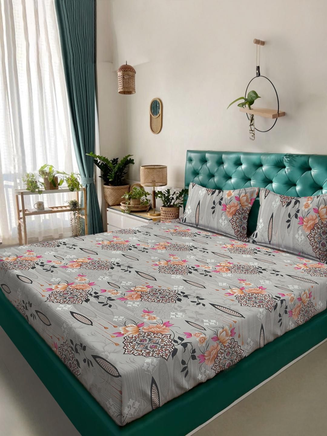 KLOTTHE Grey & Multicoloured Floral 300 TC King Bedsheet with 2 Pillow Covers-picture-22