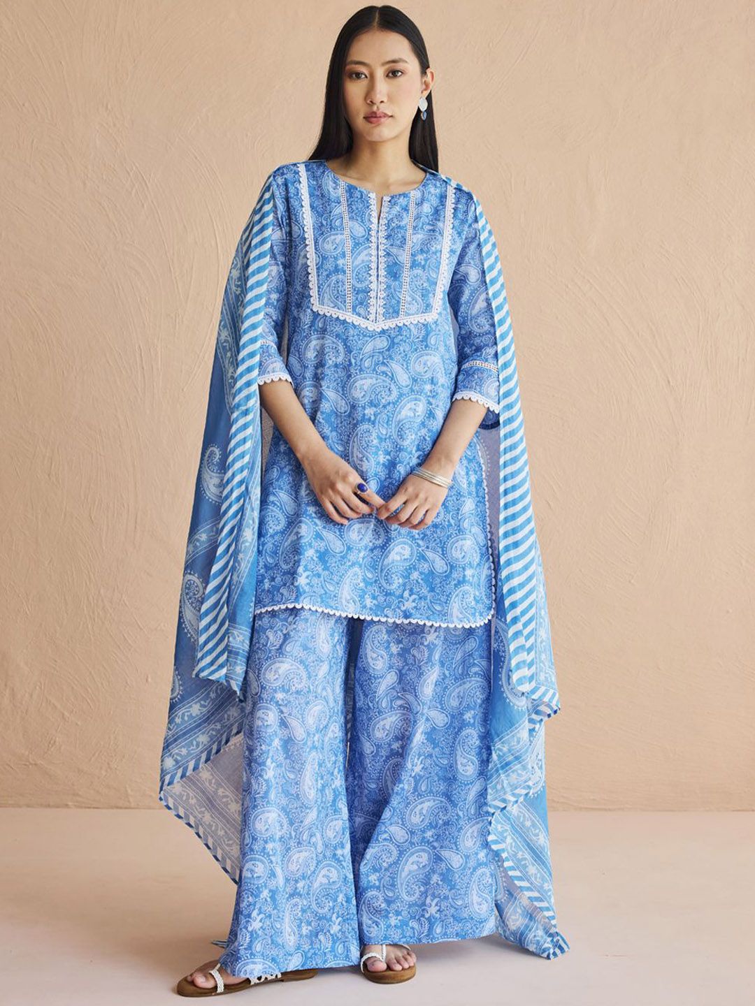 FIORRA Women Paisley Printed Cotton Kurta with Palazzo & Dupatta