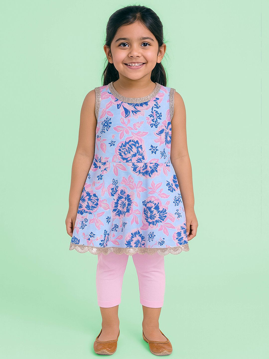 KiddoPanti Girls Floral Printed Regular Sequinned Pure Cotton Kurta with Leggings-image-46