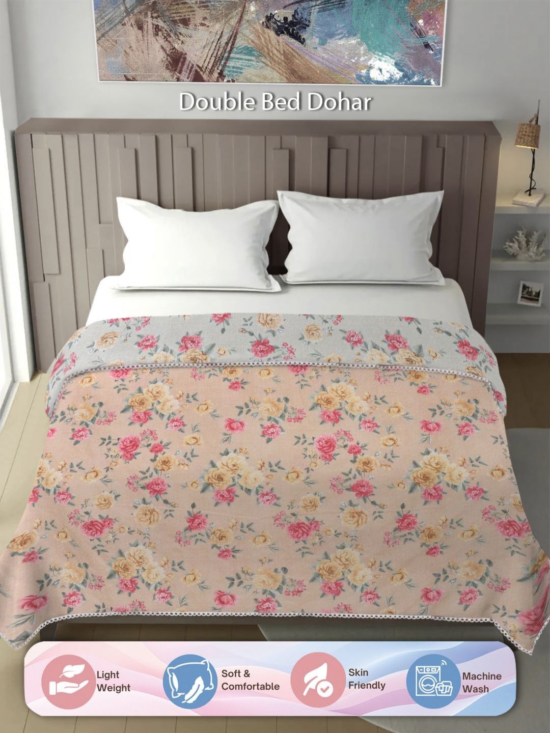 Aura Cream-Coloured & Pink Floral Mild Winter 300 GSM Double Bed Dohar-picture-17