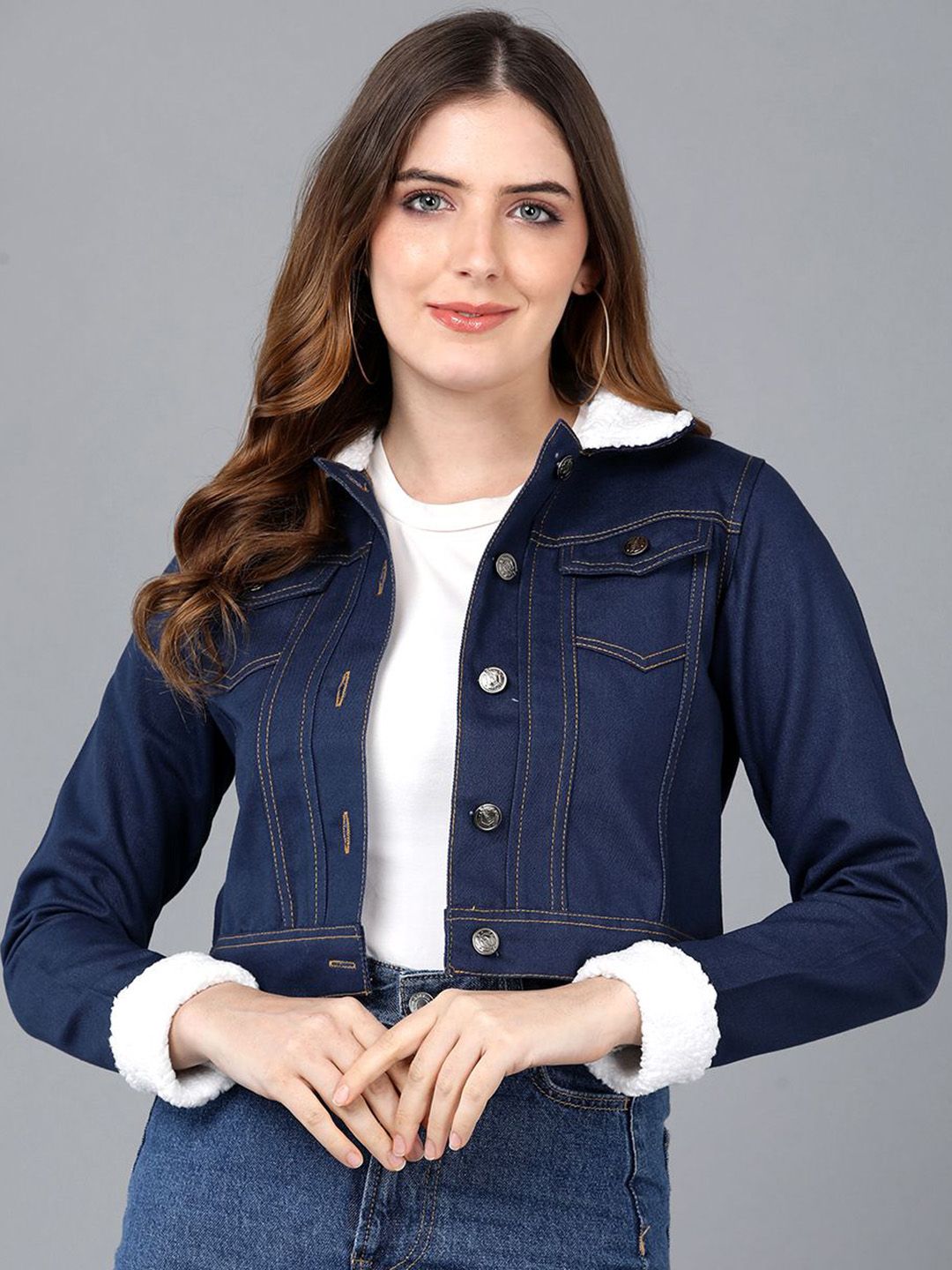 MONTREZ Women Spread Collar Solid Denim Jacket-image-32
