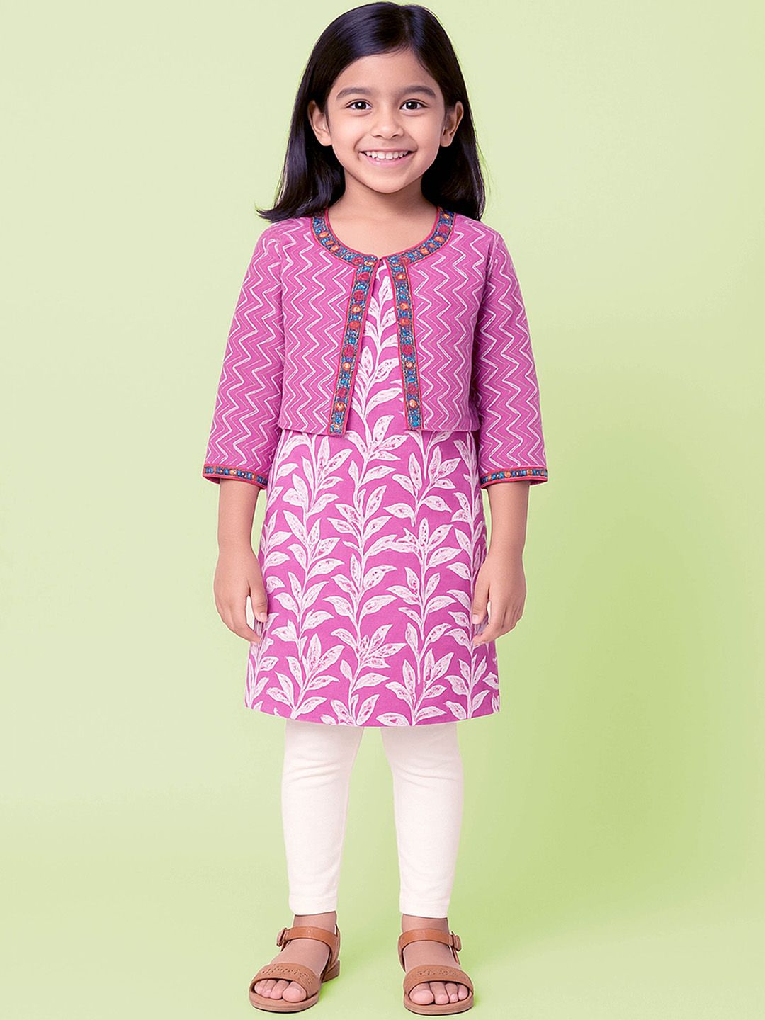 KiddoPanti Girls Floral Printed Regular Mirror Work Pure Cotton Kurta-image-44