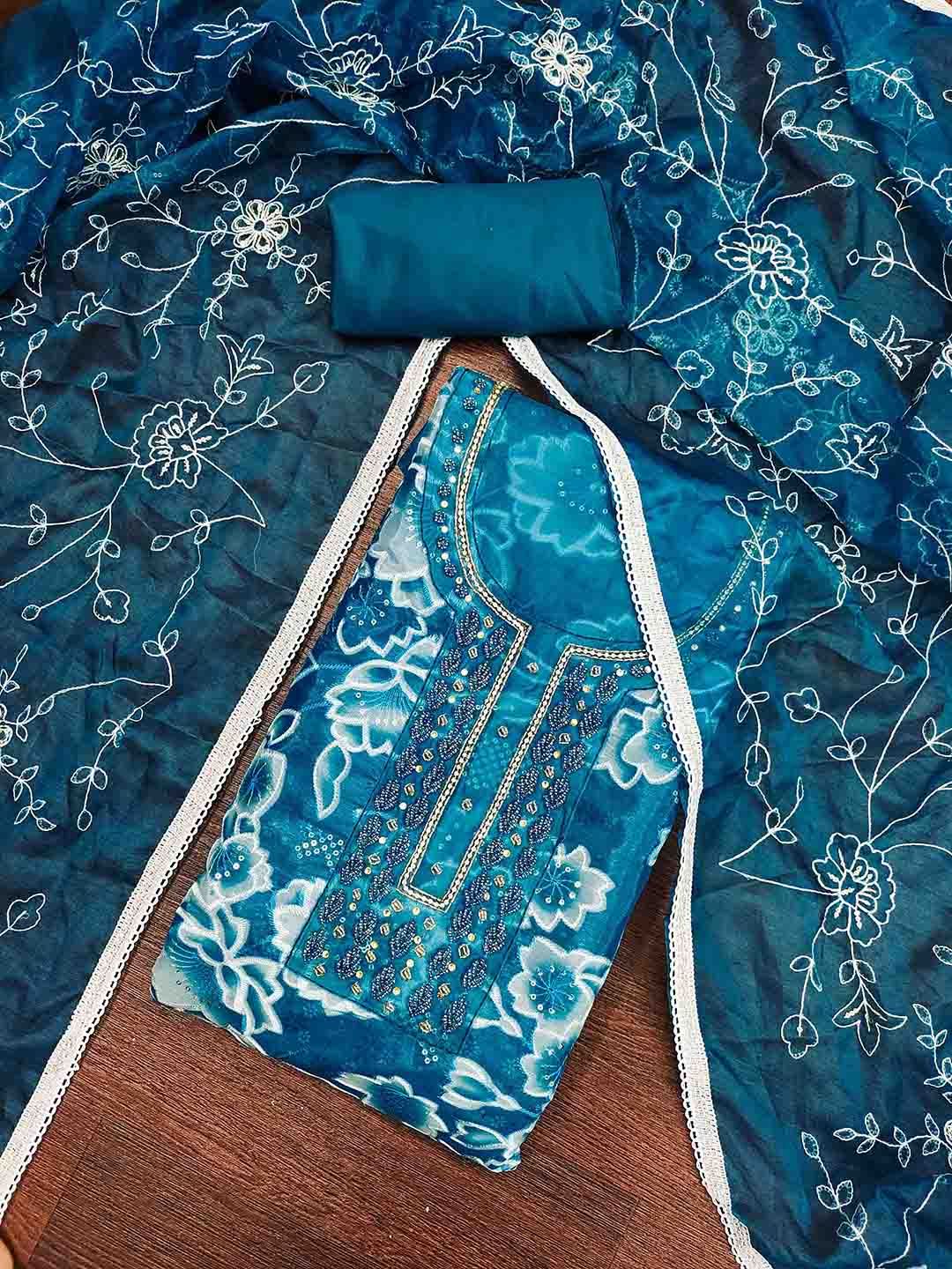 Blissta Floral Printed Beads & Stones Organza Unstitched Dress Material-picture-20