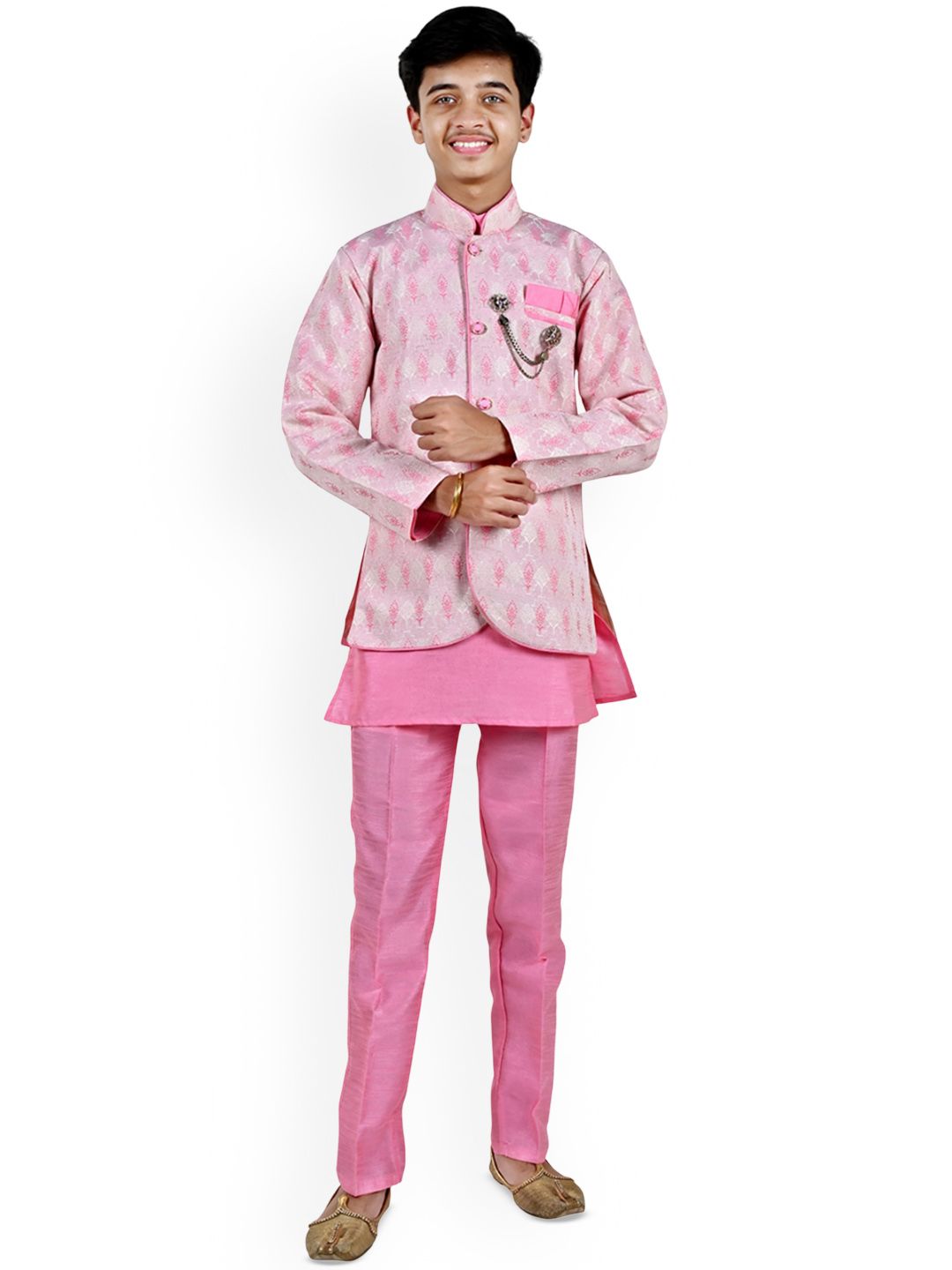 Sangria Boys Jacquard Buti Pattern Mandarin Collar Sherwani with Kurta & Pyjama Set-image-6