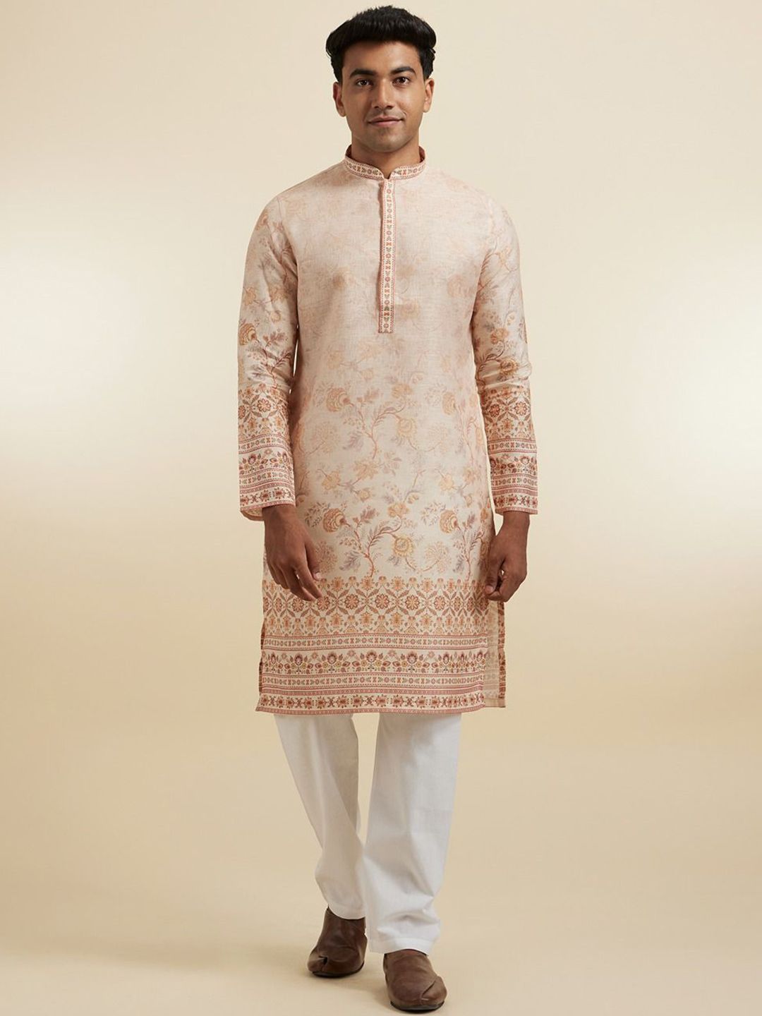 Diwas by Manyavar Men Floral Printed Mandarin Collar Straight Cotton Kurta-picture-11