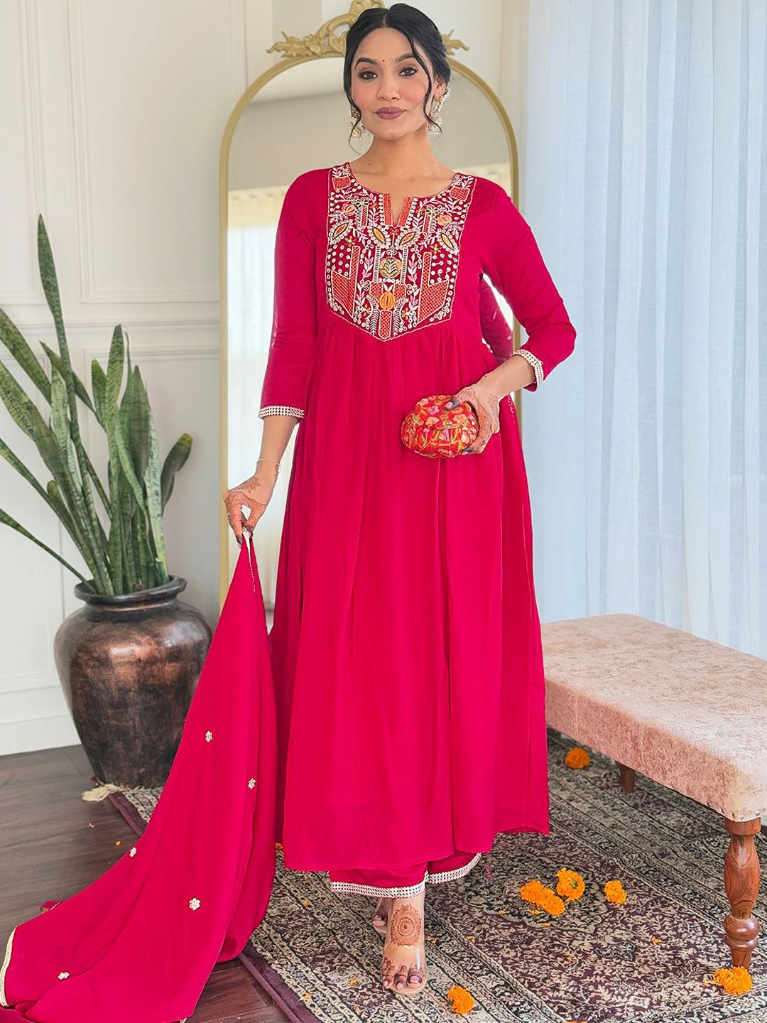 KAUTIK FABRICS Women Embroidered Regular Kurta with Trousers & Dupatta