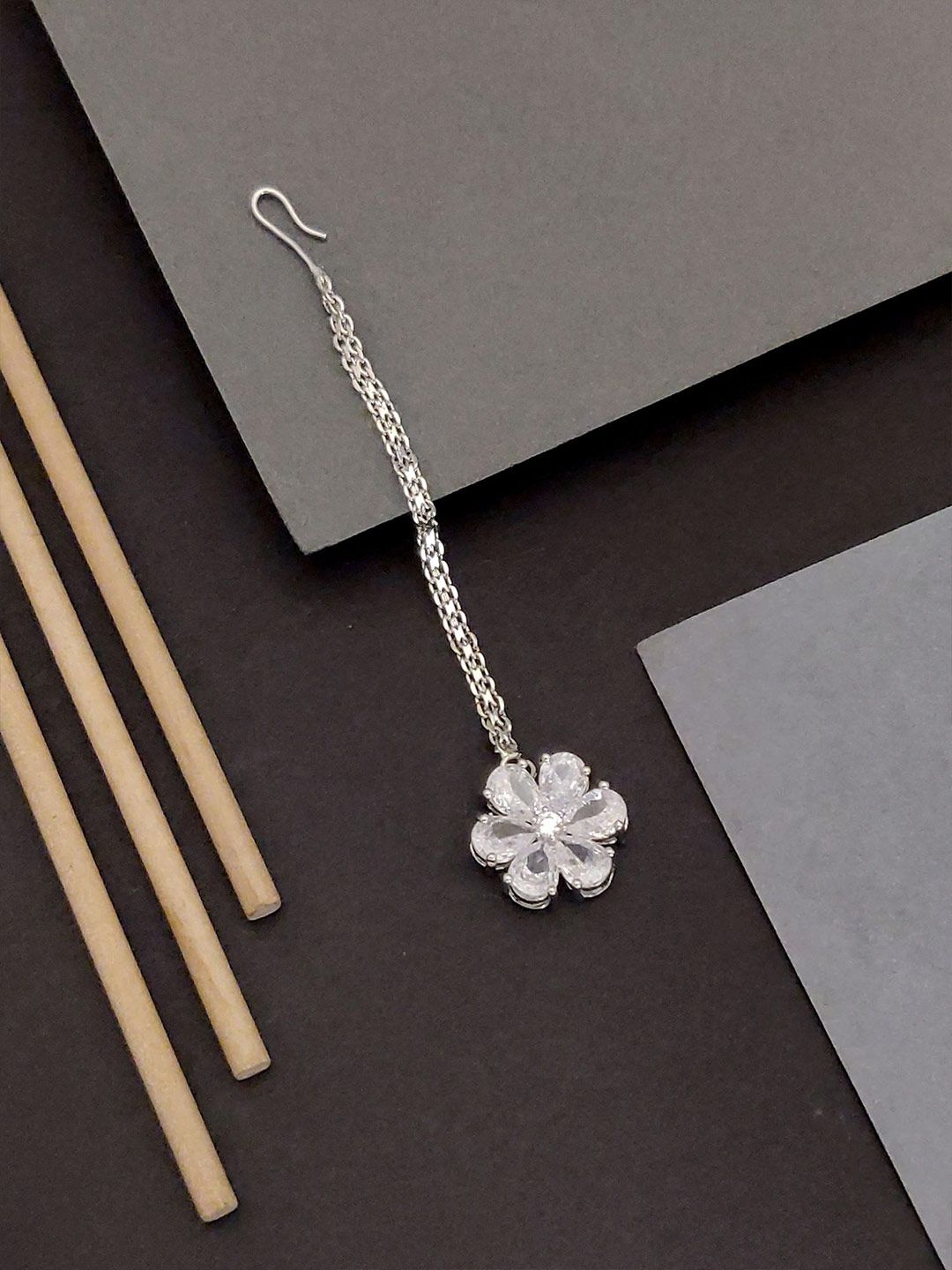 ABDESIGNS Silver-Plated Floral Artificial Stones Studded Maang Tikka-image-7