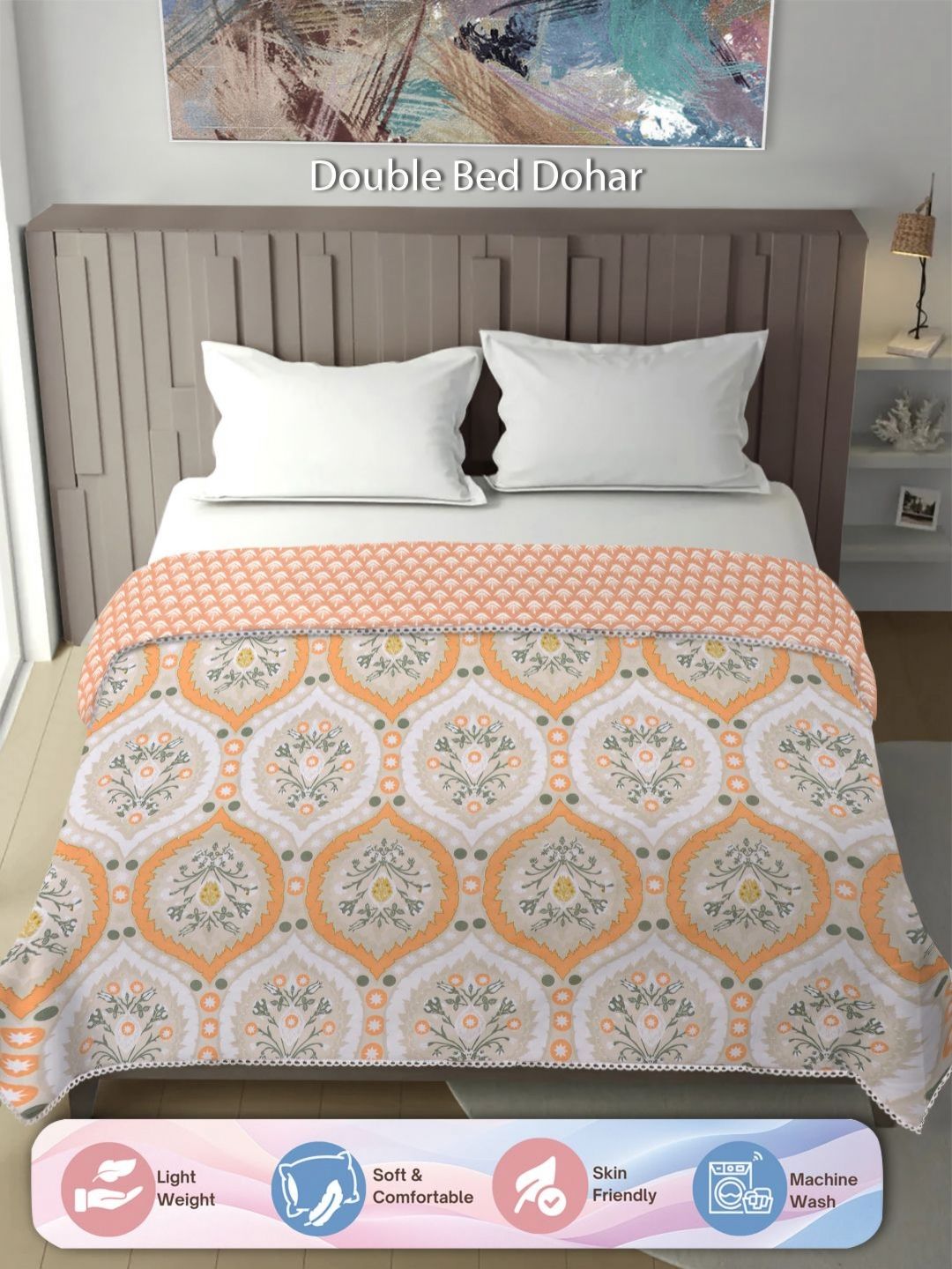 Aura White & Peach-Coloured Floral Mild Winter 300 GSM Double Bed Dohar-picture-11