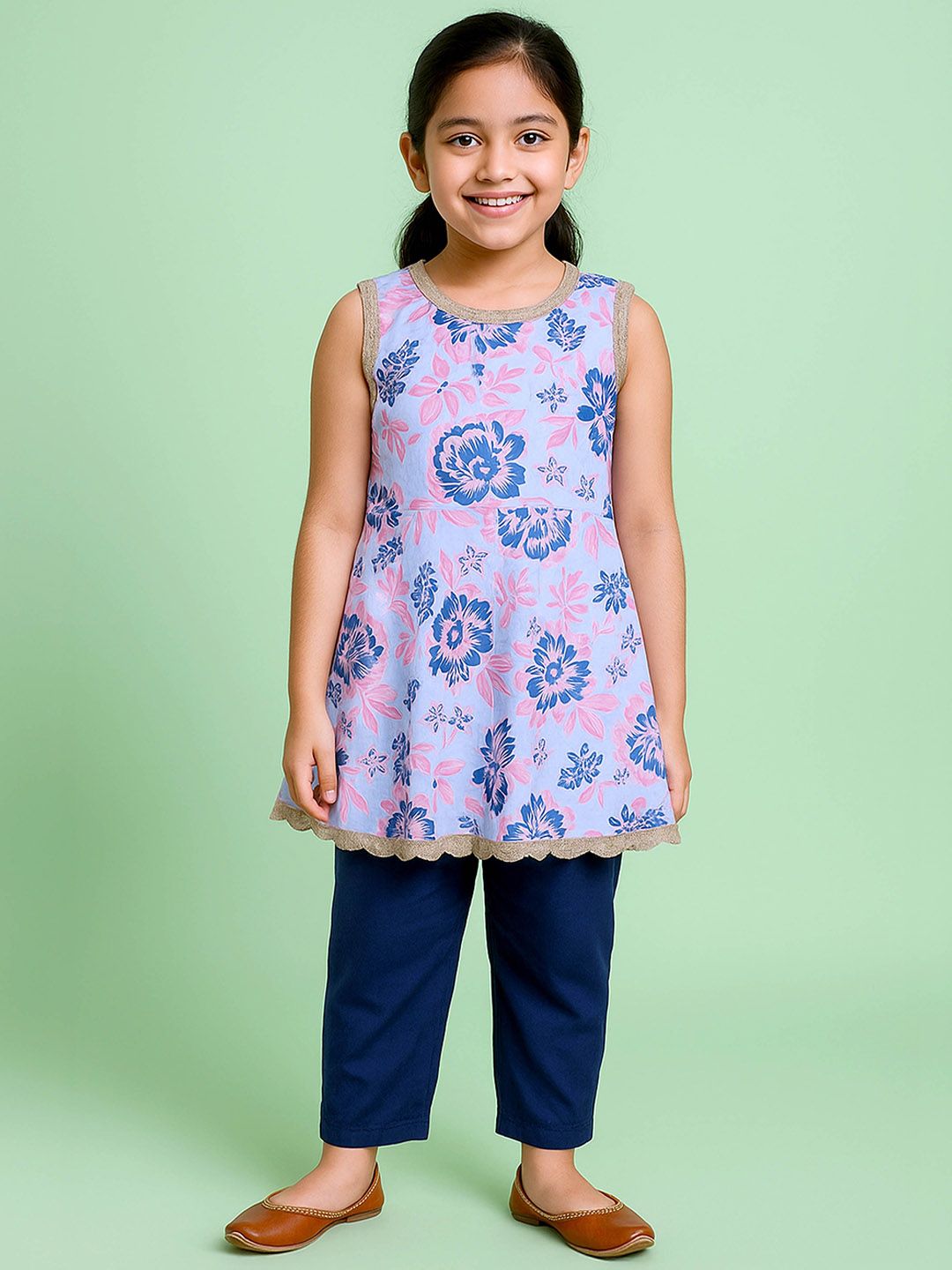 KiddoPanti Girls Floral Printed Regular Sequinned Pure Cotton A-Line Kurta with Pyjamas-image-33