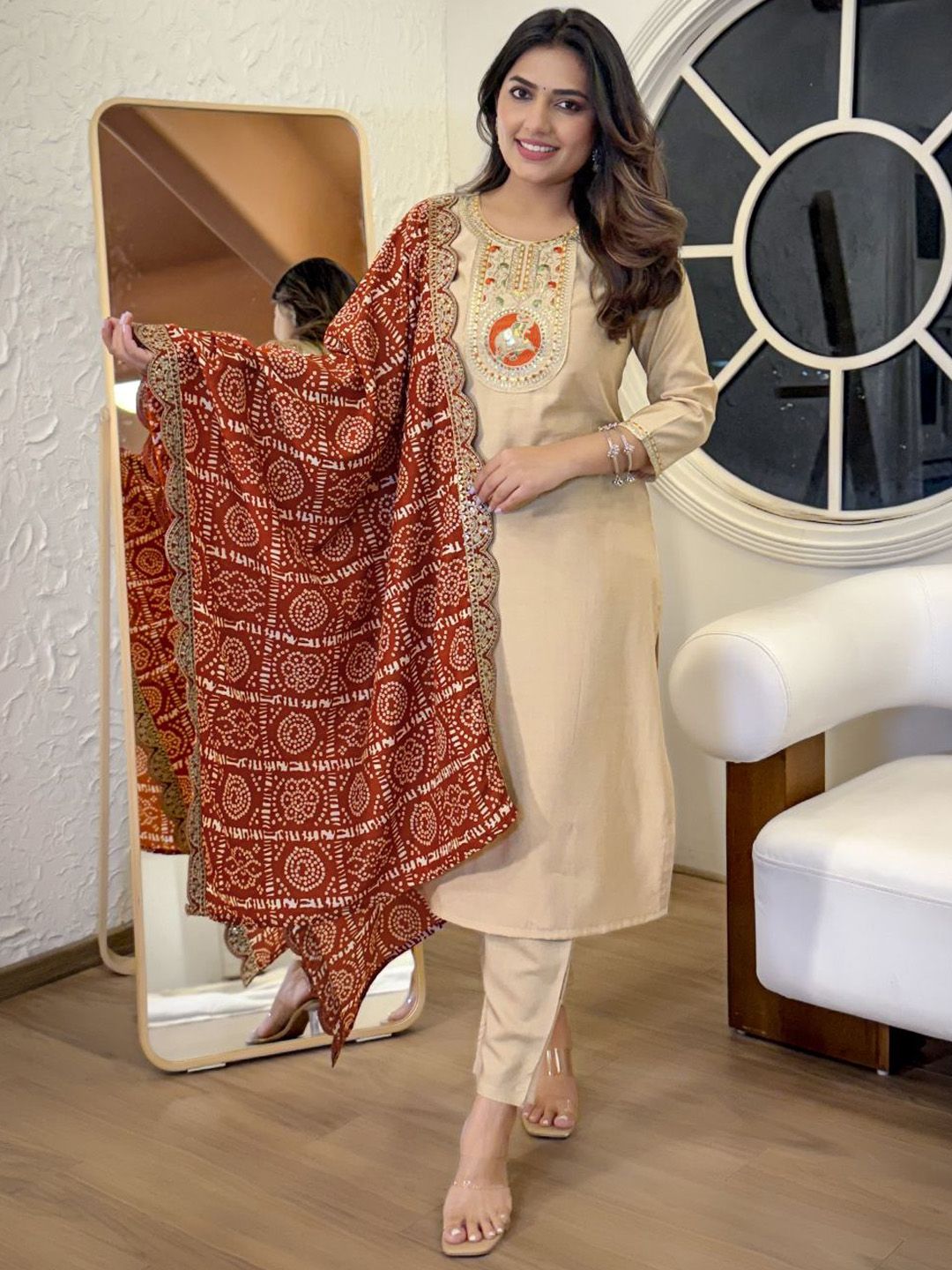 Siya Fashion Floral Embroidered Sequinned Straight Kurta With Trousers & Dupatta