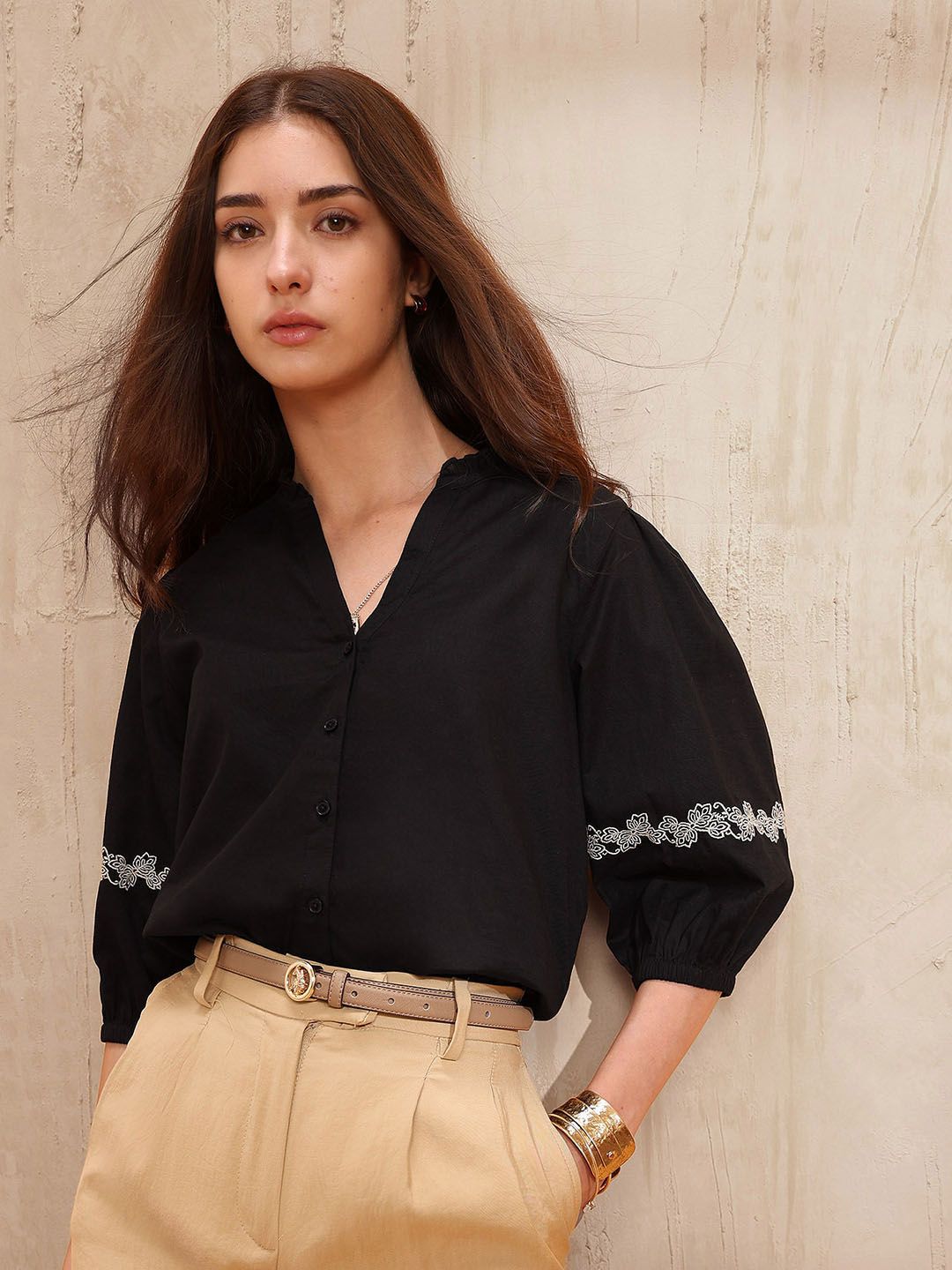 U.S. Polo Assn. Women Monochrome Mandarin Collar Puff Sleeves Shirt Style Top-picture-41