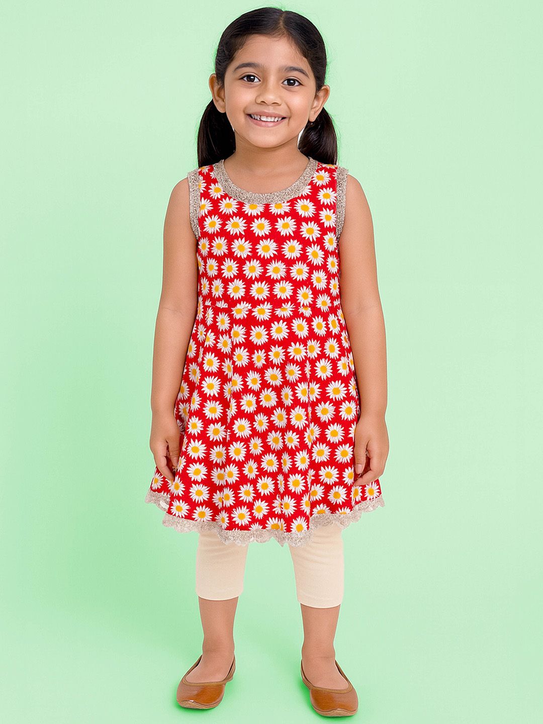 KiddoPanti Girls Floral Printed Round Neck Sequinned Pure Cotton Kurta With Pyjamas-image-35