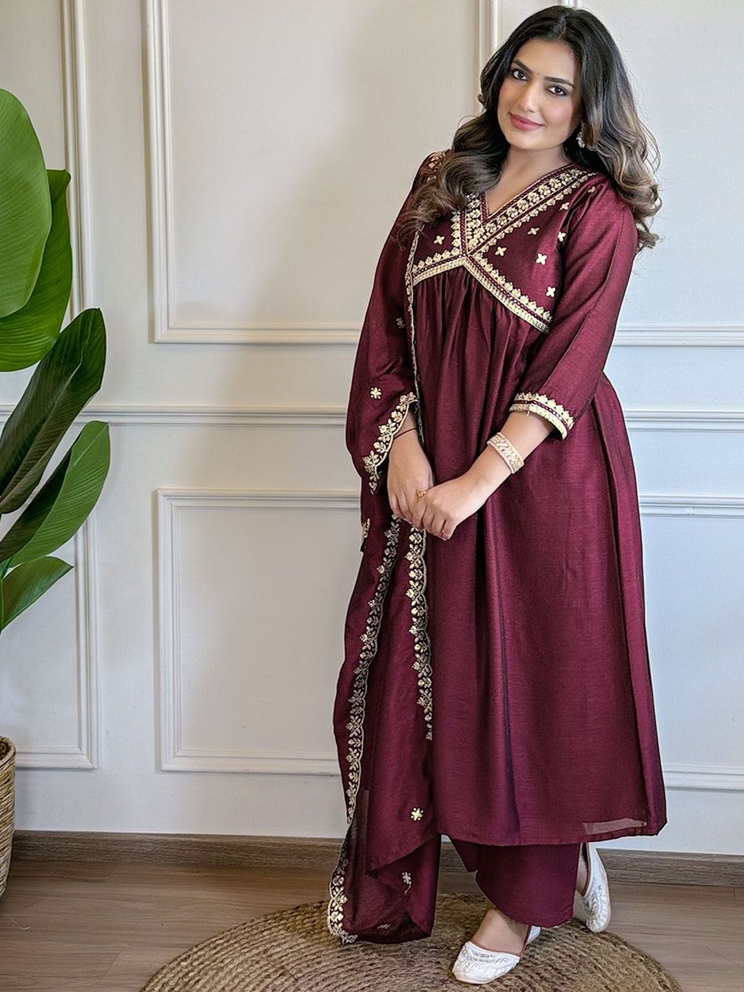 Siya Fashion Floral Embroidered Sequinned A Line Kurta With Trousers & Dupatta