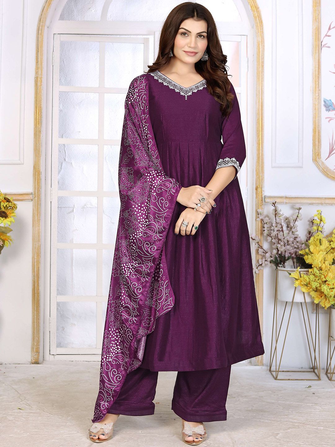 ZIRVI Floral Embroidered V-Neck Zari Work Pleated Anarkali Kurta With Palazzos & Dupatta