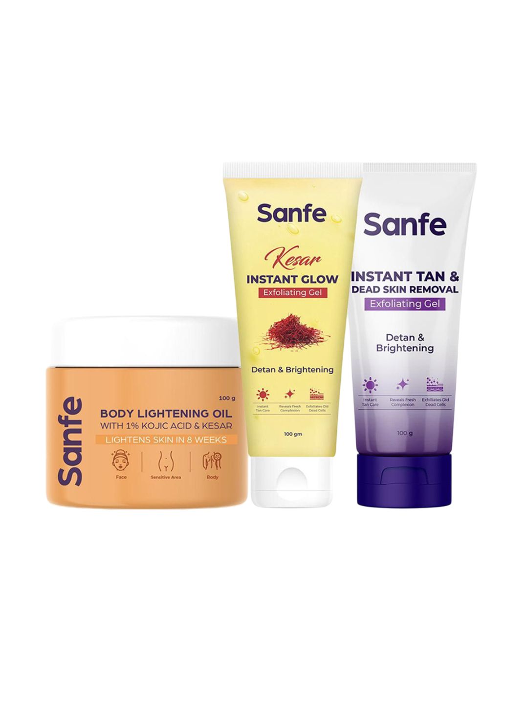 Sanfe Set Of 3 Tan Removal Gel + Kesar Exfoliating Gel + Body Lightening Oil - 100g Each