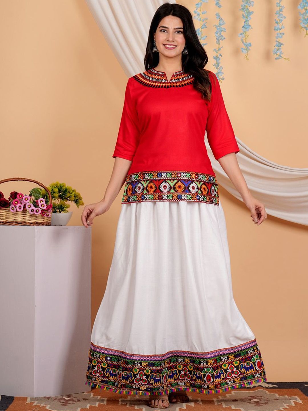 CANVIR Women Floral Embroidered Regular Top with Skirt