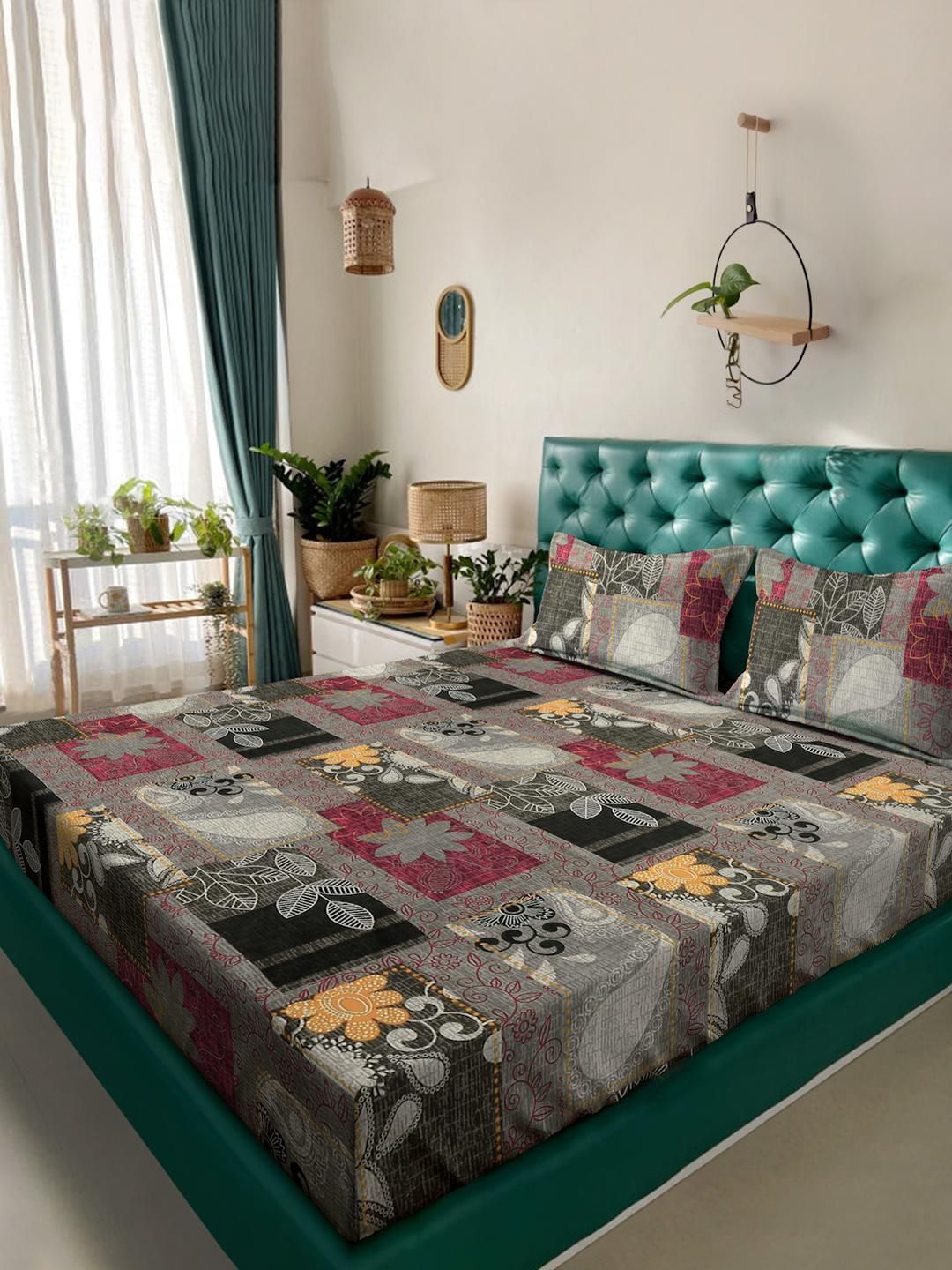 KLOTTHE Multicoloured Floral 300 TC King Bedsheet with 2 Pillow Covers-picture-12