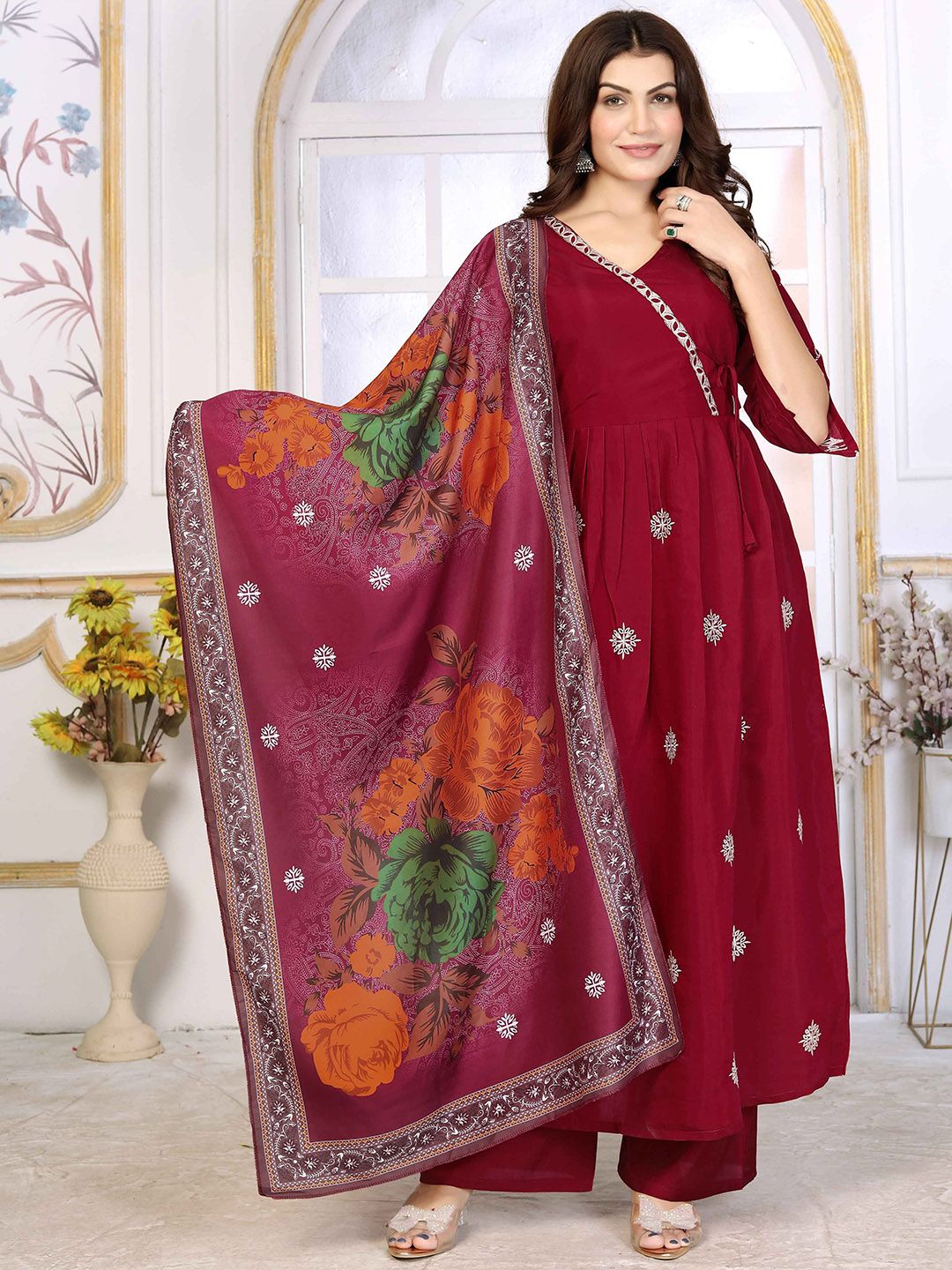 ZIRVI Women Floral Embroidered A-Line Kurta with Palazzo & Dupatta