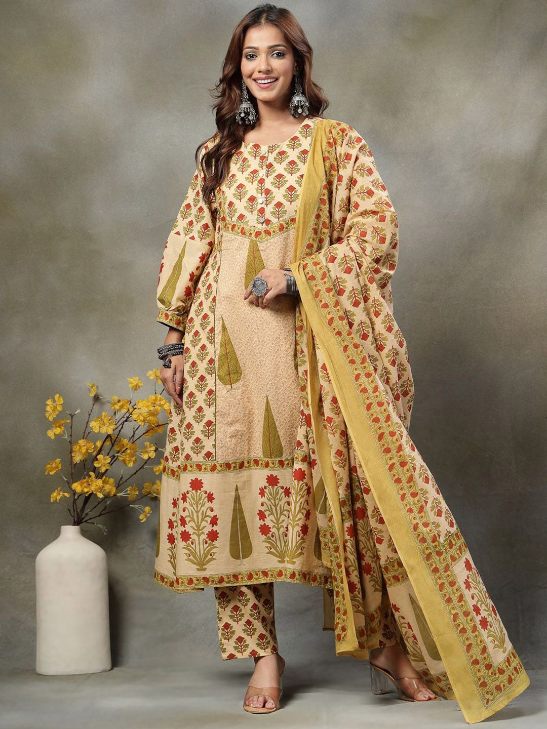 Yufta Women Ethnic Motifs Printed Cotton Kurta with Trouser & Dupatta