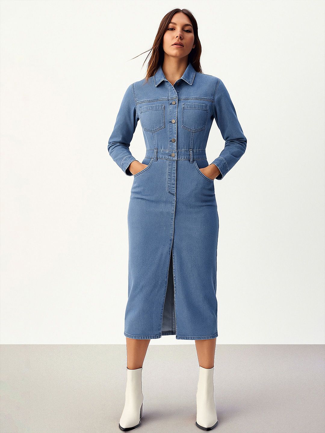 SASSAFRAS Women Shirt Collar Indigo Front Slit Detail Bodycon Midi Dress-picture-35
