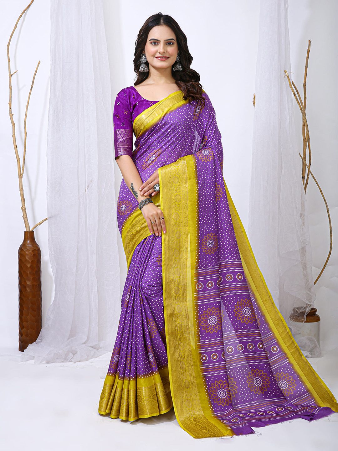 HERE&NOW Bandhani Printed Zari Pure Cotton Bandhani Saree-picture-19