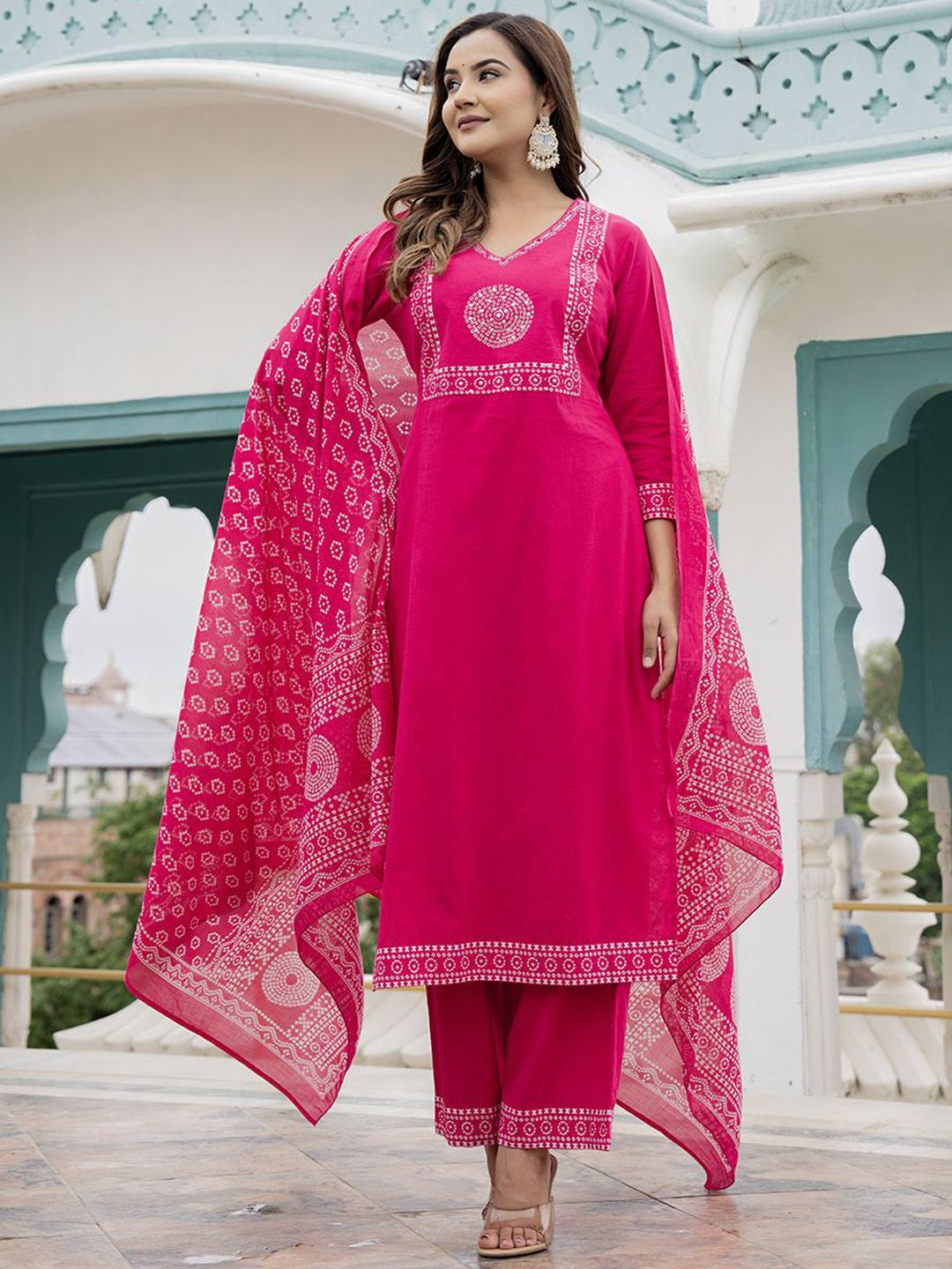 AARDRAA Women Bandhani Yoke Design Mirror Work Pure Cotton Kurta with Trousers & Dupatta