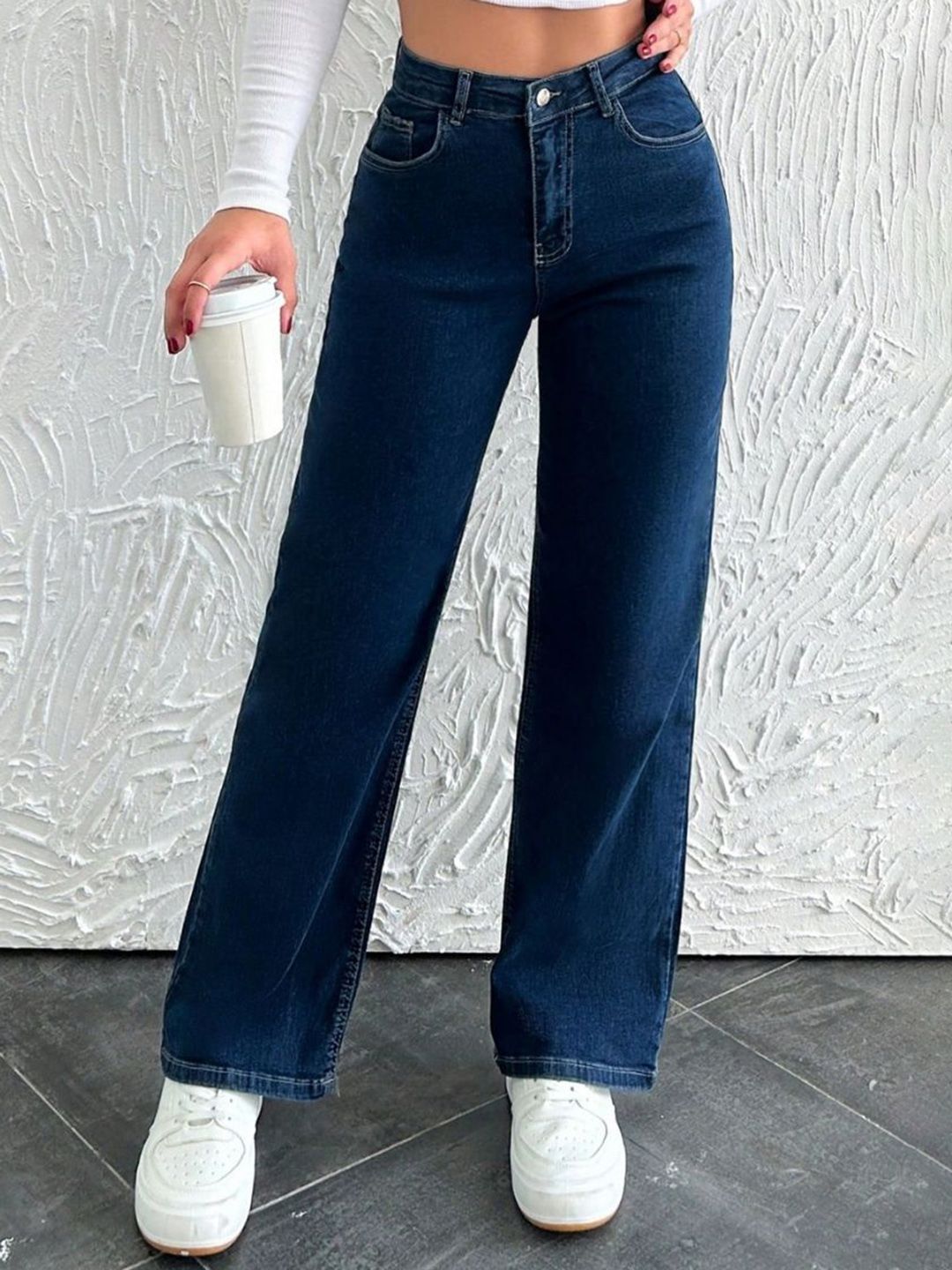 NUCOUTHS Women Super Wide Leg High-Rise Denim Stretchable Jeans