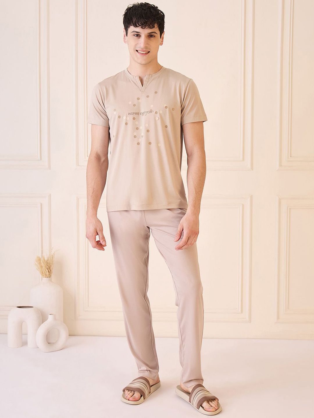 Sweet Dreams Men Polka Dots Printed V-Neck T-shirt & Pyjamas Night suits-image-2