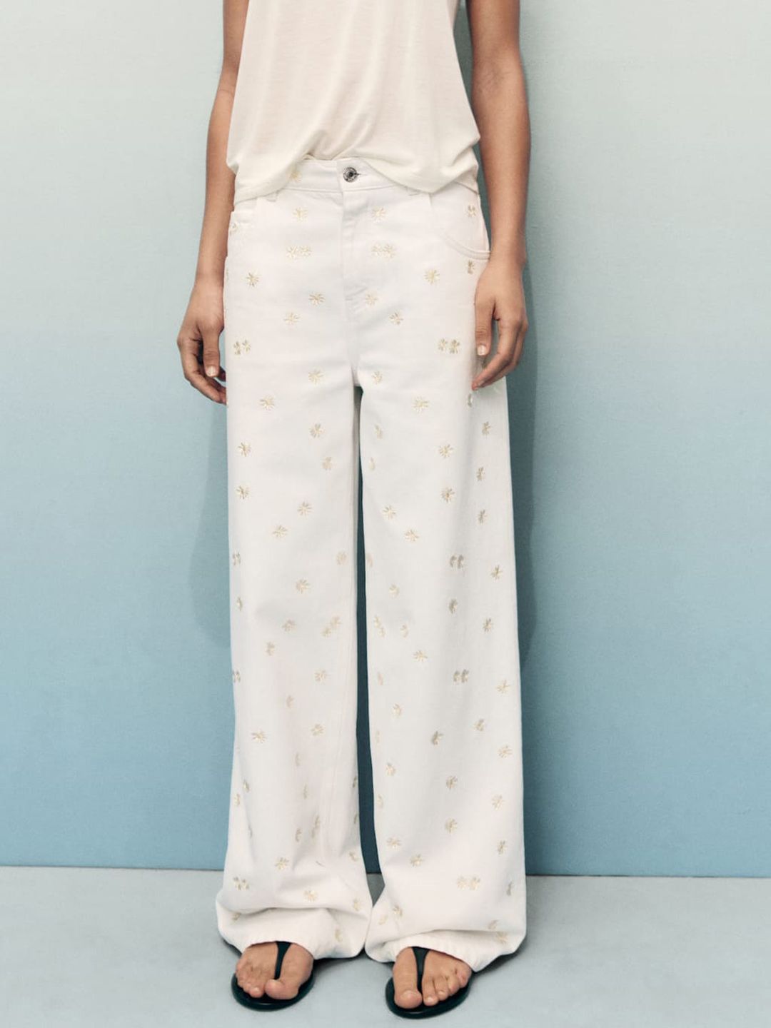 MANGO Women Floral Printed Pure Cotton Wide Leg Jeans-picture-14