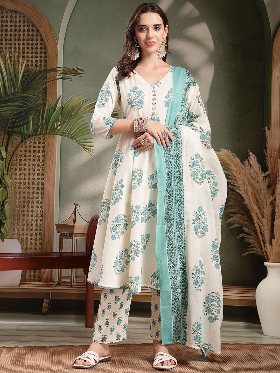 HERE&NOW Women Floral Pleated Pure Cotton Kurta & Trousers With Dupatta